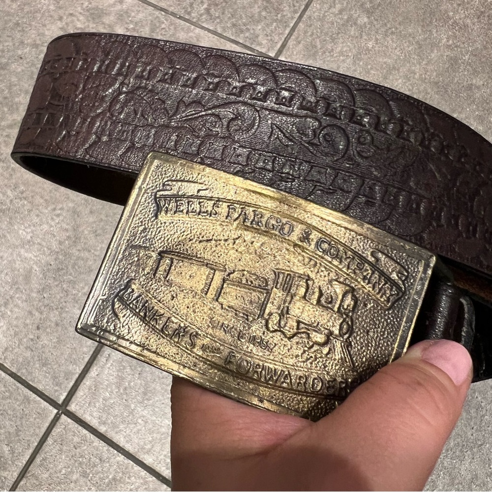 Vintage Wells Fargo Brown Embossed Leather Belt with Gold Buckle
